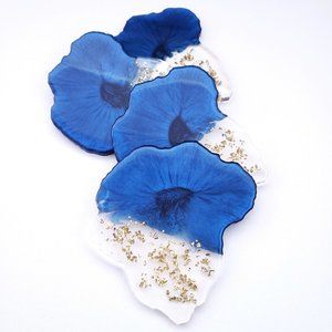 Blue & Gold Resin Drink Coasters | Geode Shape | Set of 4